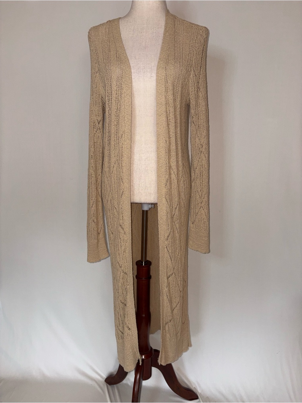 BCBGMaxazria Beige Open-Front Long Crochet Duster Cardigan Sweater Size M